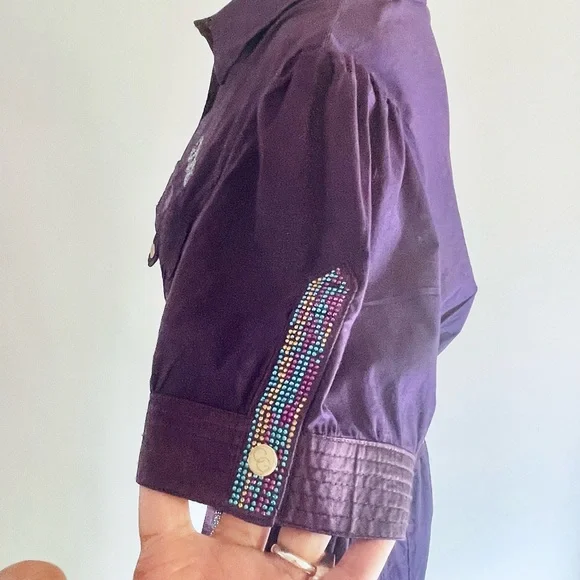 Coogi Purple Snap Front Rhinestone Embellished Belted Shirt Dress sz 1X NEW - Picture 9 of 12